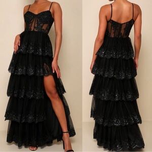 Alluring Sensation Black Tulle Embroidered Tiered Maxi Prom Formal Dress XS